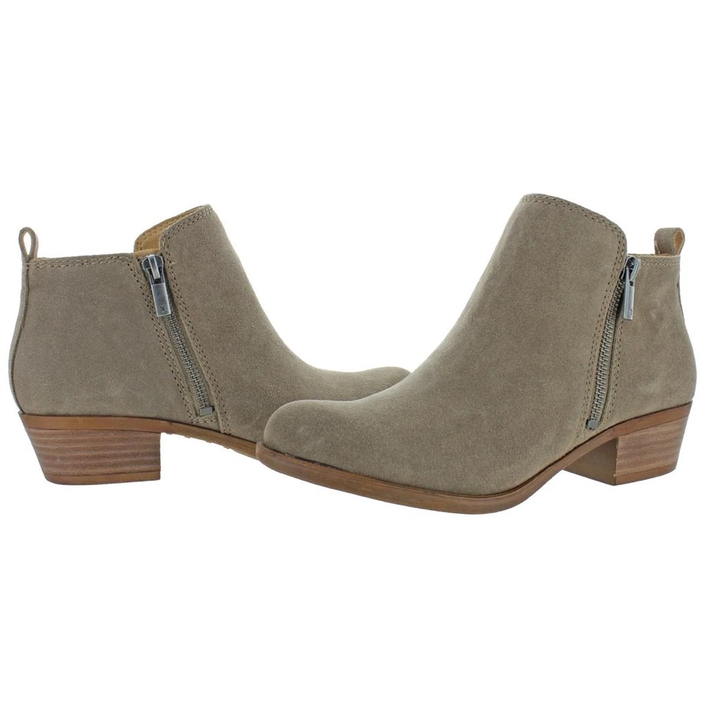 Lucky Brand Breah Double Zipper Low 2” Stacked Heel Taupe Ankle Booties
